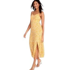 Old Navy Women L Yellow Floral Maxi Slip Cottage Core Boho Romantic Slit Dress